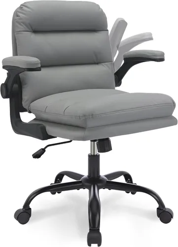 VECELO Silla giratoria ergonómica de escritorio de oficina con reposabrazos abatible y altura ajustable, soporte lumbar y cojín grueso de piel Gris