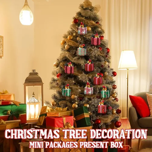 Miniatura 6 de Panelee 12 Piezas Cajas de Regalo de Árbol de Navidad Adornos Mini Adornos Rojos y Verdes Paquetes Envueltos de Navidad con Campana Bayas Rojas