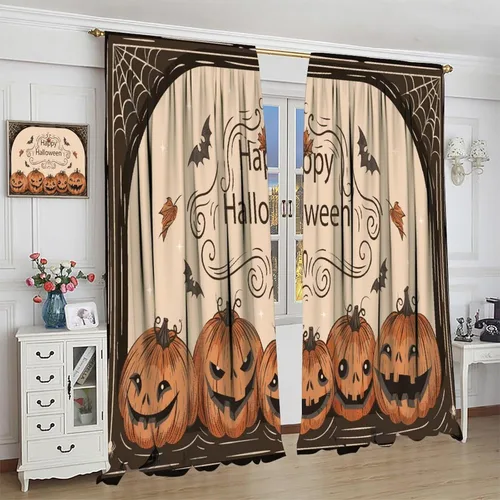 Miniatura 4 de Cortinas de bosque de Halloween, castillo negro, calabaza, murciélago, búho, gato, decoración de ventana de cocina, dormitorio, sala de estar