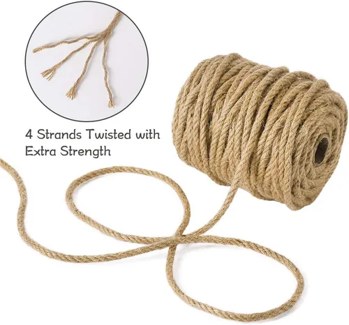 Miniatura 2 de Tenn Well - Cuerda de yute de 5 mm, 30 metros, cuerda resistente de 4 capas y trenzada de yute gruesa para jardinería, manualidades, paquetes, poste