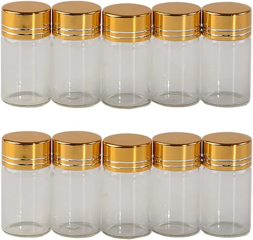 Miniatura 11 de 24 botellas de cristal de 0.3 onzas líquidas con tapas de rosca de aluminio dorado, aceite esencial vacío, azafrán, píldora, polvo, frascos