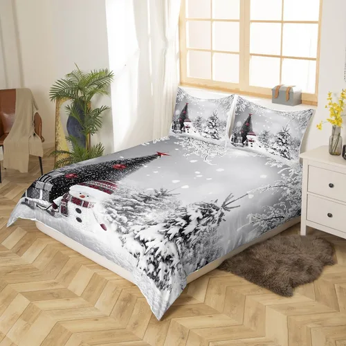 Miniatura 3 de Juego de ropa de cama de 3 piezas con diseño de muñeco de nieve, funda de edredón con temática de invierno, funda de edredón con temática de Feliz