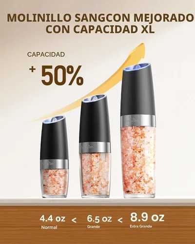 Miniatura 2 de Sangcon Gravity - Juego de molinillos eléctricos de sal y pimienta agitadores MEJORADO capacidad XL de 9 onzas, funciona con pilas, rellenable