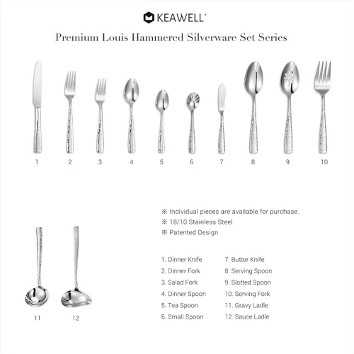 Miniatura 7 de KEAWELL Juego de 4 tenedores de ensalada martillados Louis de 7.6" de alta calidad, acero inoxidable 18/10, borde cuadrado con bordes redondeados