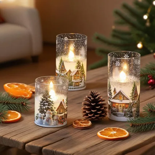 Miniatura 6 de Velas de cristal sin llama de casa de muñeco de nieve a pilas, con control remoto y temporizador; velas LED parpadeantes de cera real, luz blanca
