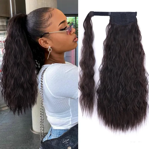 Miniatura 6 de Extensión de cola de caballo ondulada larga con pegamento mágico, resistente al calor, sintética, para envolver, cabello ondulado, para mujer