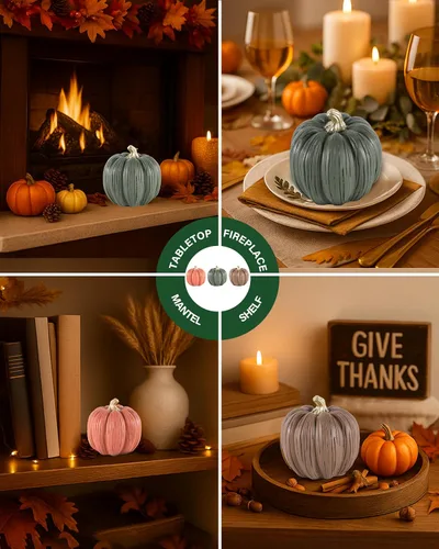 Miniatura 2 de GoGnome Juego de 3 mini calabazas de resina – Decoración de mesa de cosecha de otoño pintadas a mano en marrón, naranja y verde, decoración de otoño