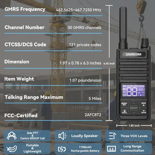 Miniatura 3 de SAMCOM Radio T2 GMRS de 2 W de largo alcance Walkie Talkie NOAA recargable para el clima, radio bidireccional resistente, radios de llamadas