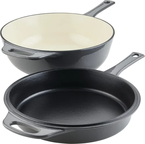 Miniatura 8 de Rachael Ray Horno holandés 3 en 1 de hierro fundido esmaltado con sartén/salteado, 4 cuartos de galón, gris