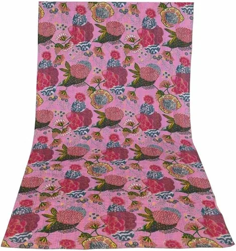 Miniatura 44 de Sophia-Art Colcha reversible de frutas indias para cama individual/king con patrón Gudri de algodón puro estilo Kantha, colcha decorativa con Rosa
