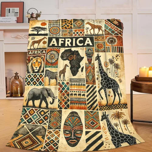 Manta con diseño étnico de mapa tribal africano, diseño vintage de animales de safari africanos, manta suave y acogedora de vellón mullido, mantas