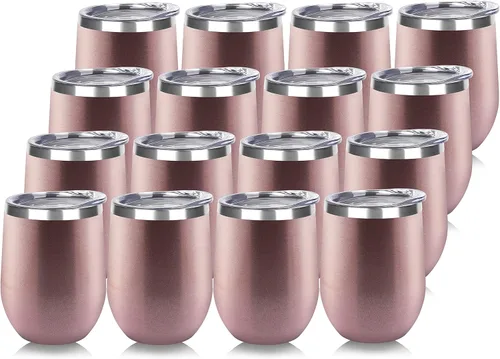 DOMICARE - Juego de 16 vasos de vino de 12 onzas con tapa, hechos de acero inoxidable con aislamiento al vacío de doble pared, color dorado rosado
