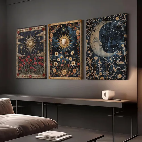 Miniatura 3 de Arte de pared celestial de sol oscuro y luna con tarot gótico espiritual, pintura de bruja, astrología, póster místico, impresiones en lienzo