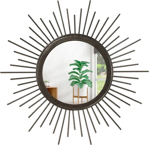 Miniatura 9 de Espejo de pared Sunburst negro con pequeños radios, espejo bohemio para el hogar, redondo, moderno, arte de pared de metal para sala de estar