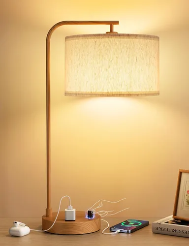 Miniatura 11 de Innqoo Lámpara de mesa alta con puerto USB y tomacorriente, lámparas de mesita de noche regulables con pantalla de lino, lámpara de escritorio