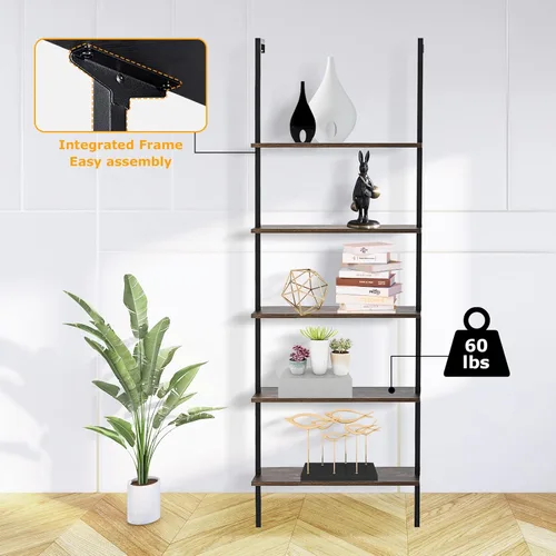 Miniatura 7 de Estantería de escalera de 5 niveles para montar en la pared, estantería de escalera con marco de metal y estante de madera, estantería de Roble