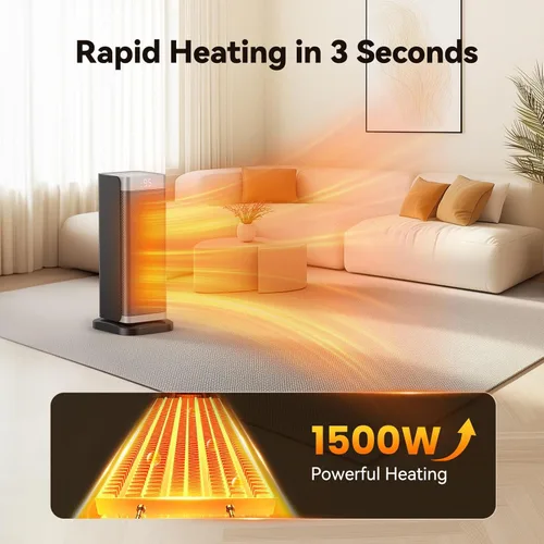 Miniatura 2 de Calentadores de espacio para uso en interiores, calentador eléctrico de 1500 W con termostato, oscilación de 70°, control remoto, 3 modos, Plateado