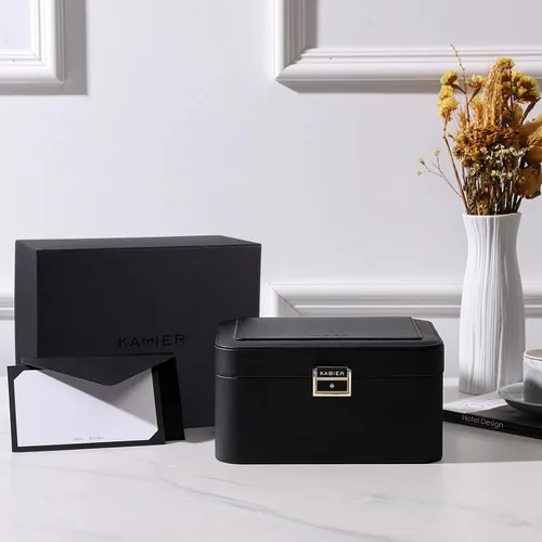 Miniatura 4 de KAMIER Organizador de joyas, caja de joyería de piel sintética de 2 capas, gran capacidad, doble cerradura y espejo grande, ganchos ocultos