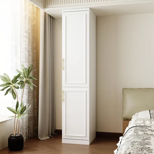 FUFU&GAGA Armario estrecho con 2 puertas, moderno armario blanco para dormitorio con asas doradas, armario moderno de almacenamiento de ropa con