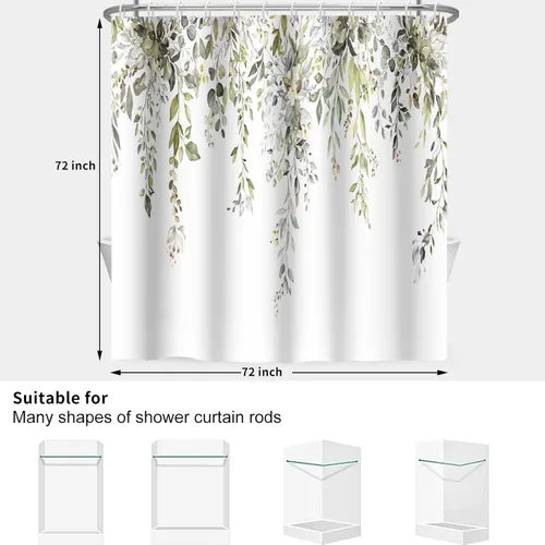 Miniatura 7 de Cortina de ducha verde salvia con eucalipto para baño, cortina de baño impermeable y lavable de tela con hojas de acuarela, juego de cortina