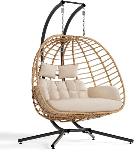Miniatura 10 de SWITTE Silla doble de columpio en forma de huevo con soporte, hamacas de mimbre colgantes para patio al aire libre de 2 personas con cojín para Gris
