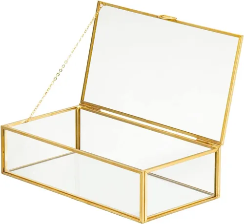Joyero de cristal vintage con tapa con bisagras, ideal para almacenamiento de baratijas, joyas, tarjetas, fotos, caja decorativa dorada para