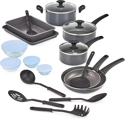 bella Juego de utensilios de cocina con tapas de vidrio antiadherentes, superficie libre de PFOA y resistente a los arañazos, utensilios de Negro