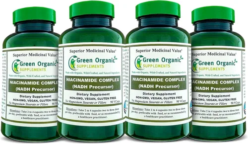 Green Organic Supplements Niacinamida, niacina, NAD, NADH, alta absorción, sin OMG, sin gluten (paquete de 4)
