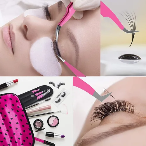 Miniatura 4 de SIVOTE Pinzas de pestañas para extensiones de pestañas para volumen, aislamiento y pestañas clásicas, paquete de 6, negro y rosa