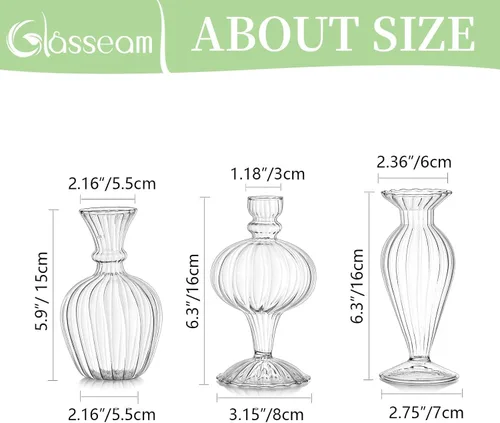 Miniatura 7 de Glasseam Jarrones pequeños de cristal: juego de 3 jarrones transparentes acanalados para flores de rosas individuales, mini centros de mesa modernos