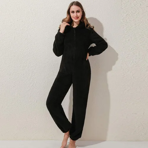 Miniatura 3 de Pijama de forro polar para mujer, mameluco cálido de sherpa, ropa de dormir de una pieza con cremallera y capucha