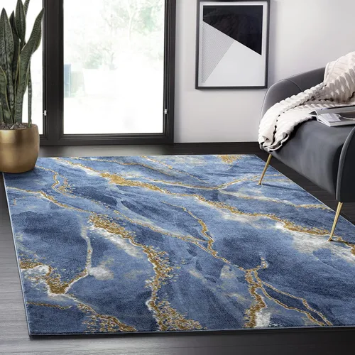 Miniatura 11 de Abani Alfombra contemporánea azul y dorado metálico de 4 x 6 pies, no se desprende, alfombra moderna con estampado de mármol para comedor