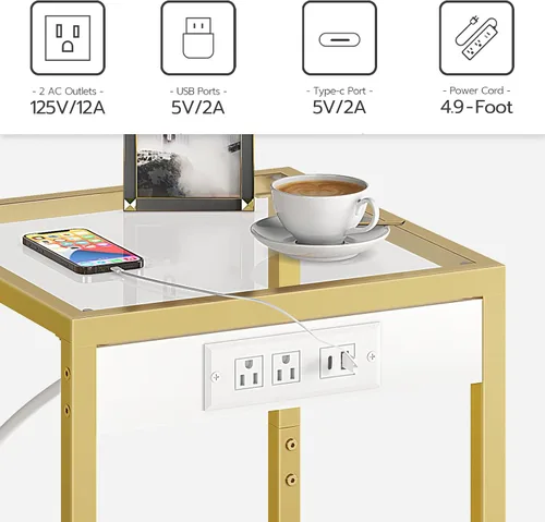 Miniatura 6 de HOOBRO Mesa auxiliar con estación de carga, mesa auxiliar con puerto USB, mesita de noche para espacios reducidos, vidrio templado, marco de metal