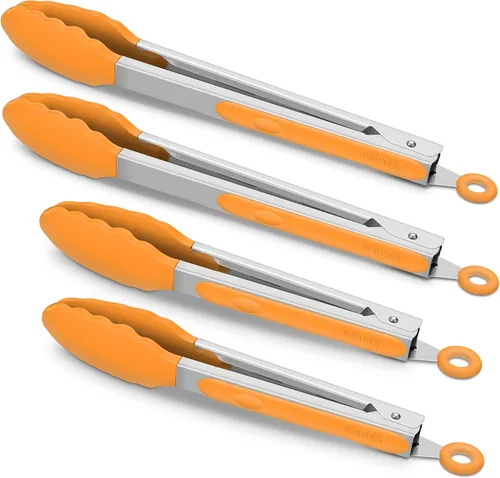 Miniatura 6 de Paquete de 4 pinzas de cocina negras, de silicona de alta calidad, sin BPA, antiadherentes, acero inoxidable, para barbacoa, para cocinar, asar a
