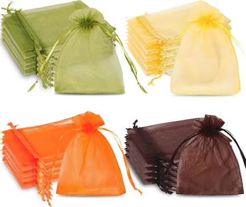 Whaline 120 bolsas de organza de otoño de Acción de Gracias con cordón, naranja, amarillo, verde, marrón, bolsas de regalo de vacaciones, bolsas de