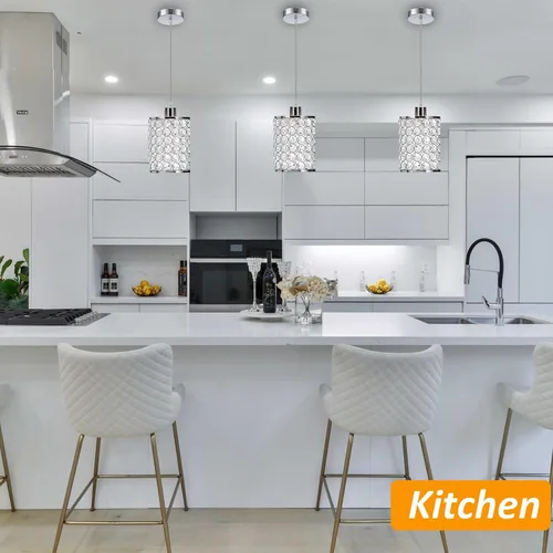 Miniatura 8 de Paquete de 3 lámparas colgantes de cristal, iluminación colgante de isla de cocina cromada, luces colgantes de techo con cable ajustable