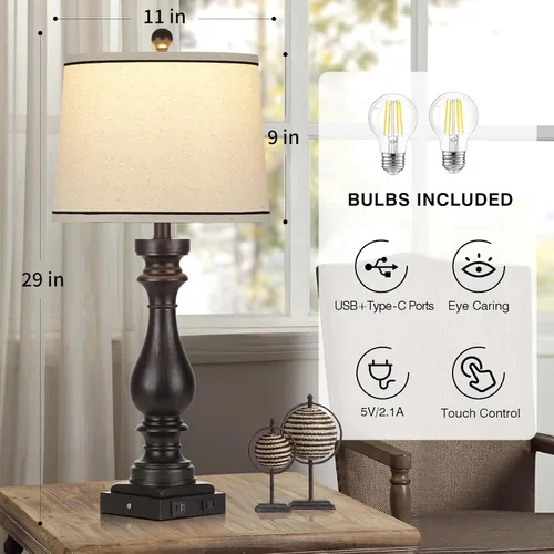 Miniatura 5 de Rinweey - Lámpara de mesa de granja de 29" para sala de estar, lámpara de mesita de noche vintage con puertos USB C+A y salida de AC, lámpara
