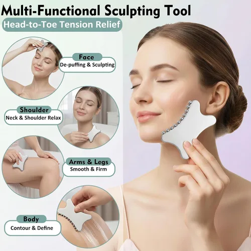 Miniatura 2 de Juego de rodillo facial de acero inoxidable 3 en 1 y Gua Sha – Herramientas de masaje facial de enfriamiento para esculpir, deshinchar y definir