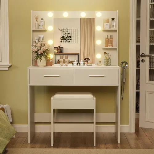 Miniatura 6 de YESHOMY - Escritorio tocador con espejo, mesa de maquillaje con 2 cajones grandes, toma de corriente y soporte redondo, bombilla ajustable de 3