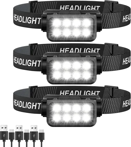 Miniatura 9 de Linterna frontal recargable 2 unidades, 8 LED, 2500 lúmenes, lámpara de cabeza ultraligera y brillante con sensor de movimiento, impermeable