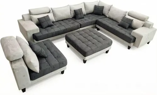 Stendmar Juego de sofá seccional de tela de microfibra reversible en forma de U en forma de L S150D (gris oscuro/gris)