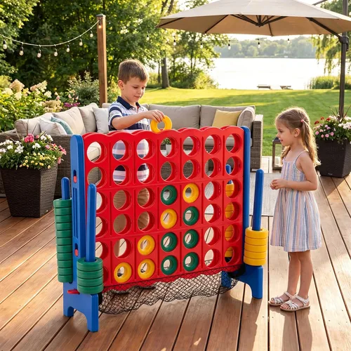 Miniatura 13 de HONEY JOY Juego gigante gigante de 4 a punta, juegos gigantes para patio al aire libre para la familia, 42 anillos jumbo y deslizador de liberación
