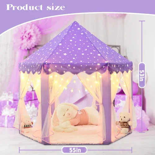 Miniatura 5 de Tienda de campaña de princesa púrpura para niñas, tienda de campaña para niños con luces LED de estrellas pequeñas, tienda de casa