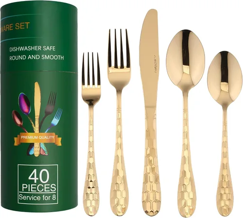 Miniatura 11 de Rainbow - Juego de cubiertos de 40 piezas, utensilios coloridos de acero inoxidable 18/10, juego de cubiertos de servicio para 8, incluye cuchillo