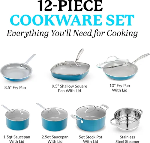 Miniatura 2 de Gotham Steel Juego de ollas y sartenes azul aguamarina, 12 piezas de utensilios de cocina de cerámica antiadherente, incluye sartenes, ollas