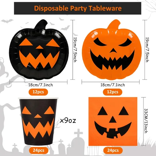Miniatura 2 de Juego de vajilla de fiesta de Halloween, 72 piezas, platos de papel con temática de calabaza naranja y negra, vasos, servilletas, vajilla desechable