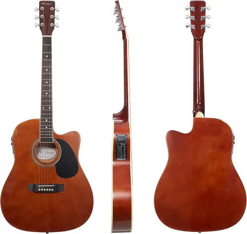 Miniatura 2 de Jameson Guitars Guitarra eléctrica acústica Thinline de tamaño completo con estuche y púas, color marrón para diestros