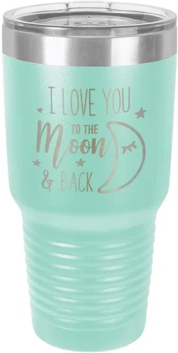 Miniatura 20 de Vaso azul de 30 onzas con popote y tapa superior deslizante con texto en inglés "I love you to the moon and back", taza de viaje de acero inoxidable