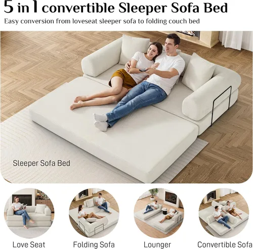 Miniatura 4 de DAMAIFROM Sofá cama convertible con almohada cilíndrica, sofá cama plegable de pana con marco de forma fija, sofá modular de suelo para sala de Beige