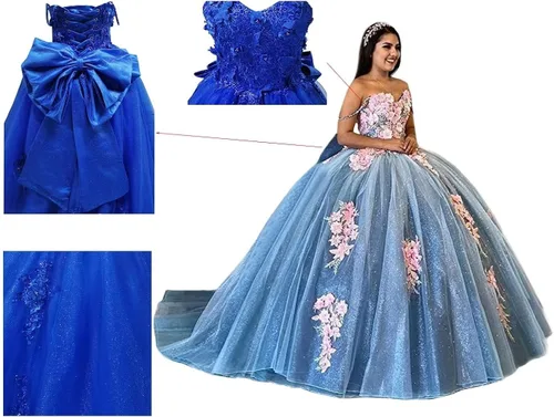 Miniatura 5 de Mauuwy Vestidos de quinceañera con hombros descubiertos, vestido de baile de tul hinchado dulce 16 vestidos largos de encaje brillante vestido